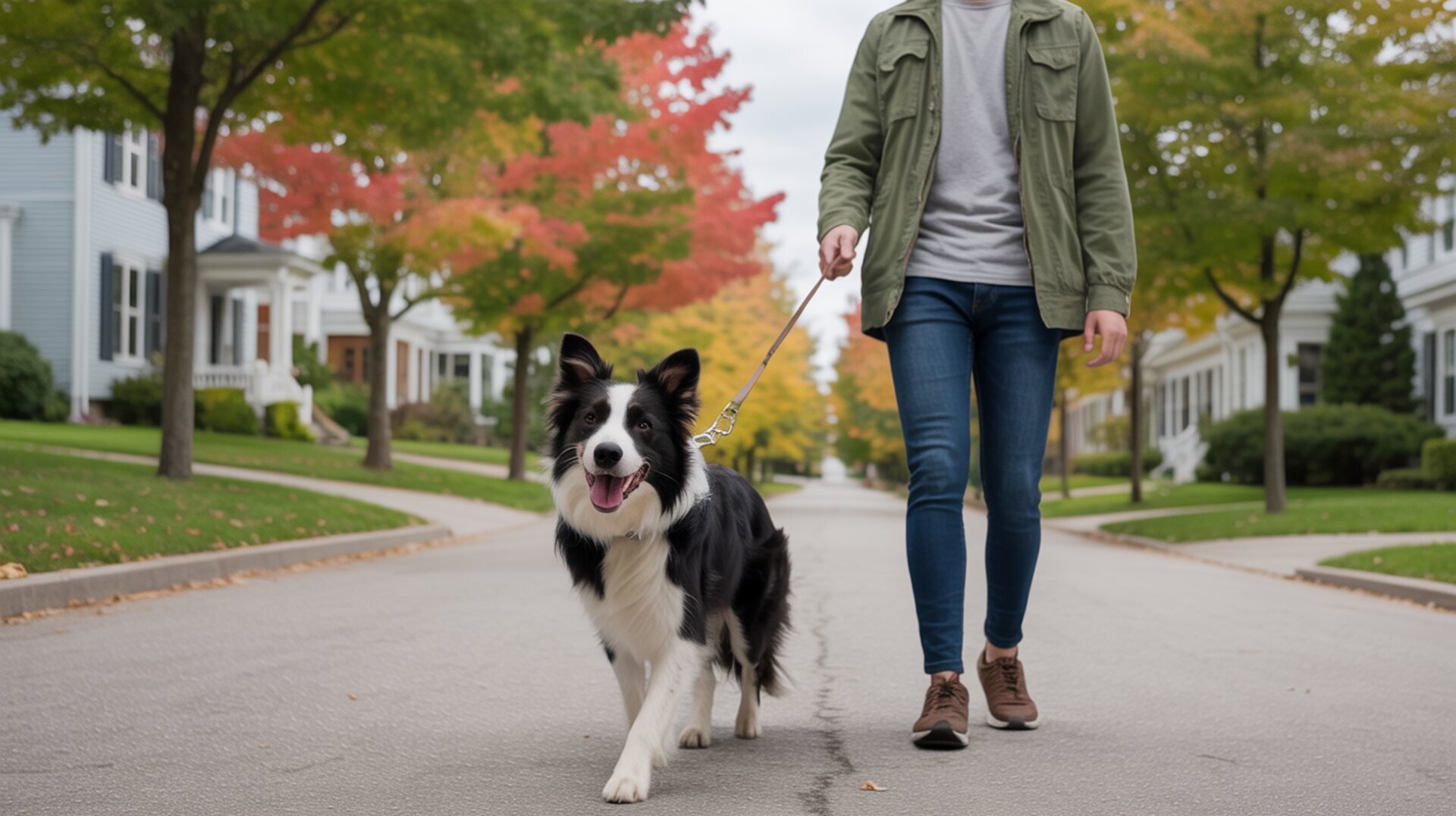 Border collie walking on tree-lined Connecticut street in autumn