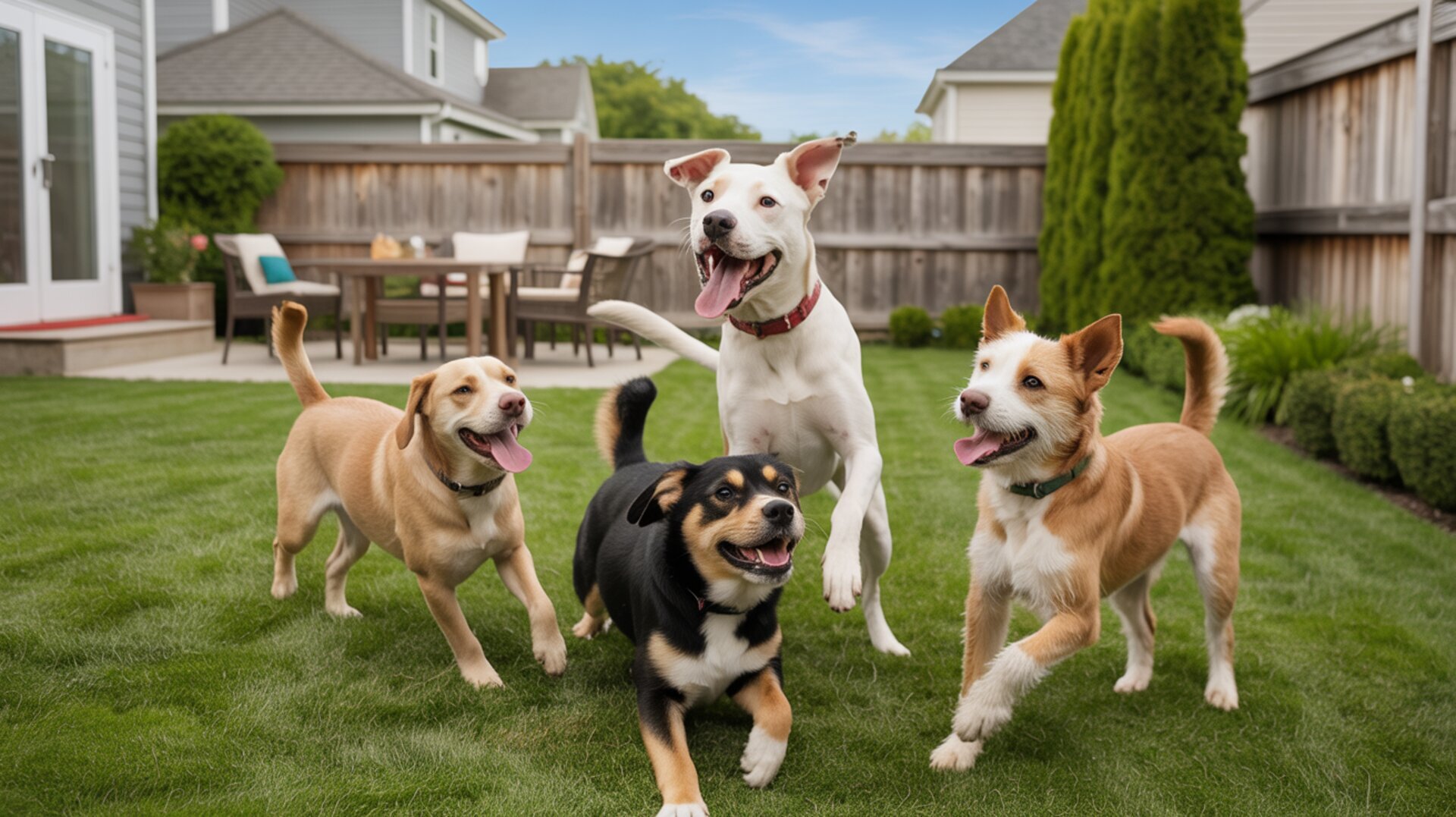 Dogs playing together in backyard - Professional pet care services